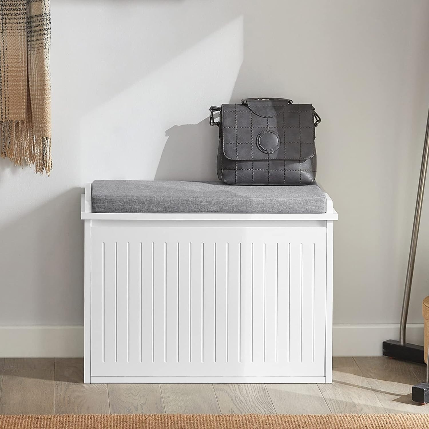 White Shoe Bench with Cushion – Flip Drawer Storage Seat 62cm Hallway