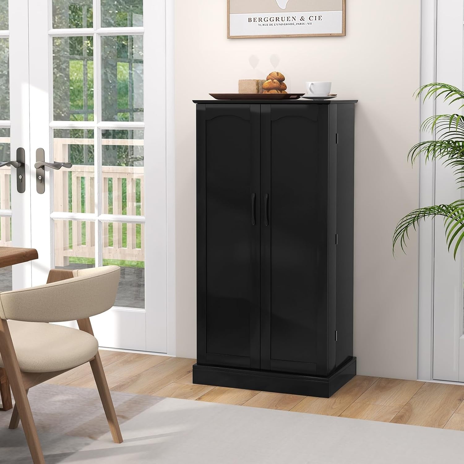 Compact Black Pantry Cabinet with 2 Doors and 17 Storage Shelves
