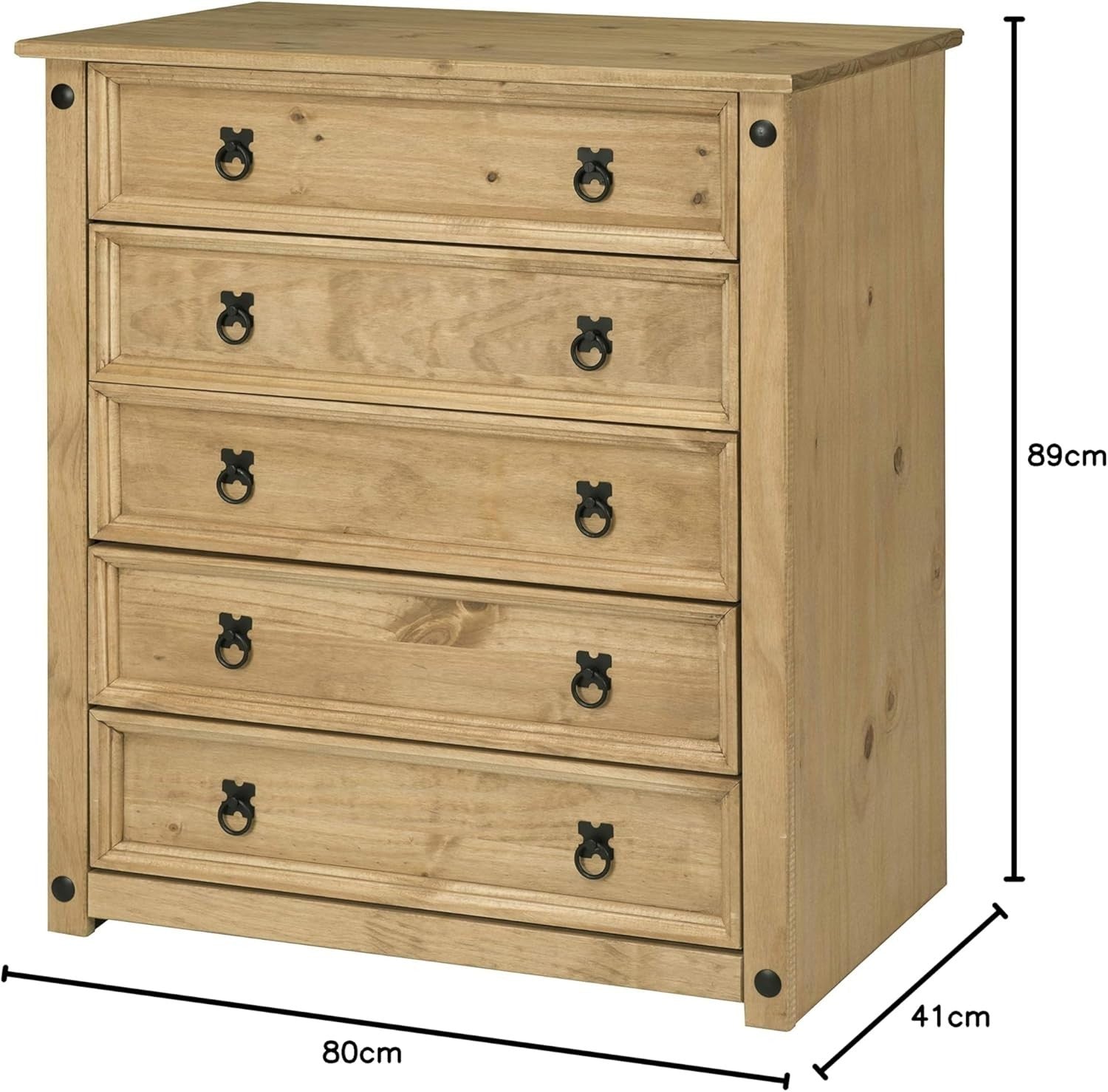 Solid Pine Chest of 5 Drawers, Rustic Waxed Wood Storage for Bedroom