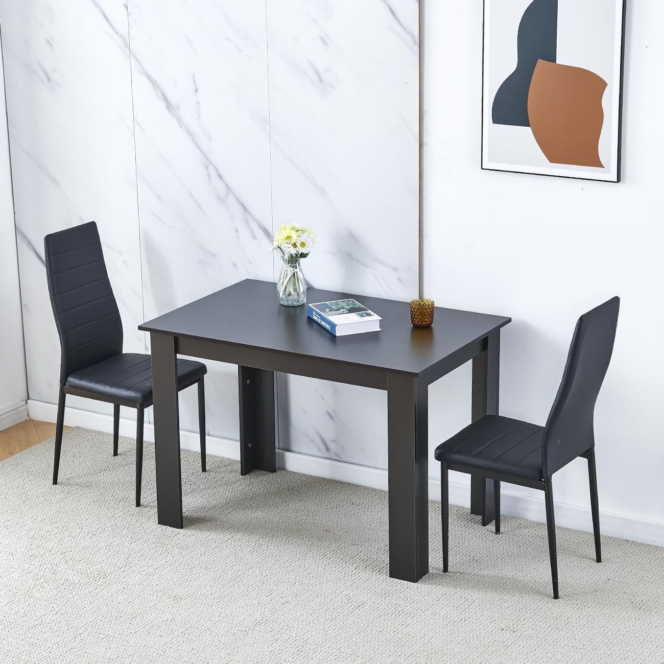 Black Walnut Dining Table Set 2 Faux Leather Chairs Small Kitchen