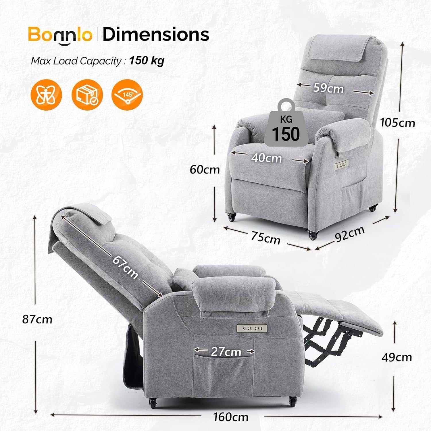 Recliner Chair w/ Wheels Electric Massage Heat High Back Footrest Fabric Grey