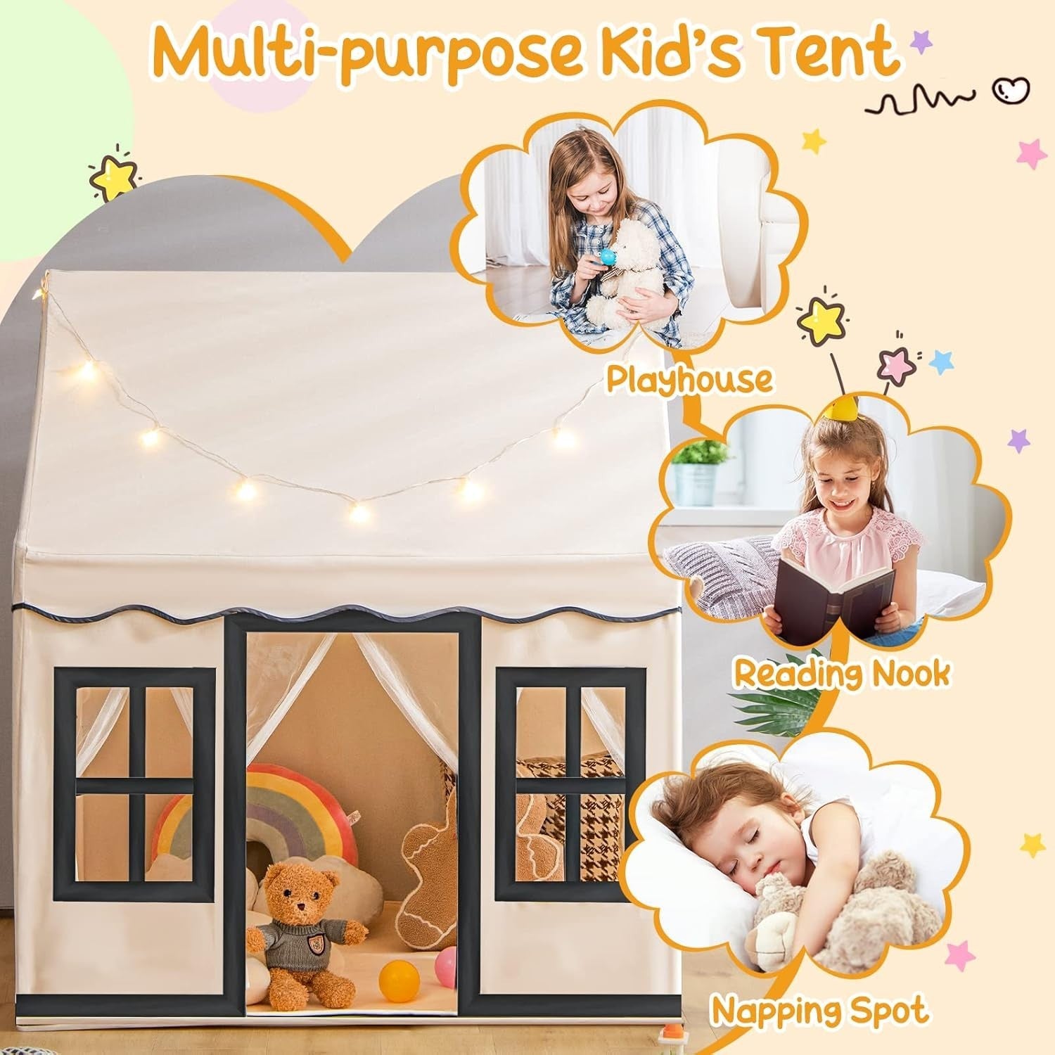 Large Kids Indoor Castle Tent With Star Lights Washable Floor Mat