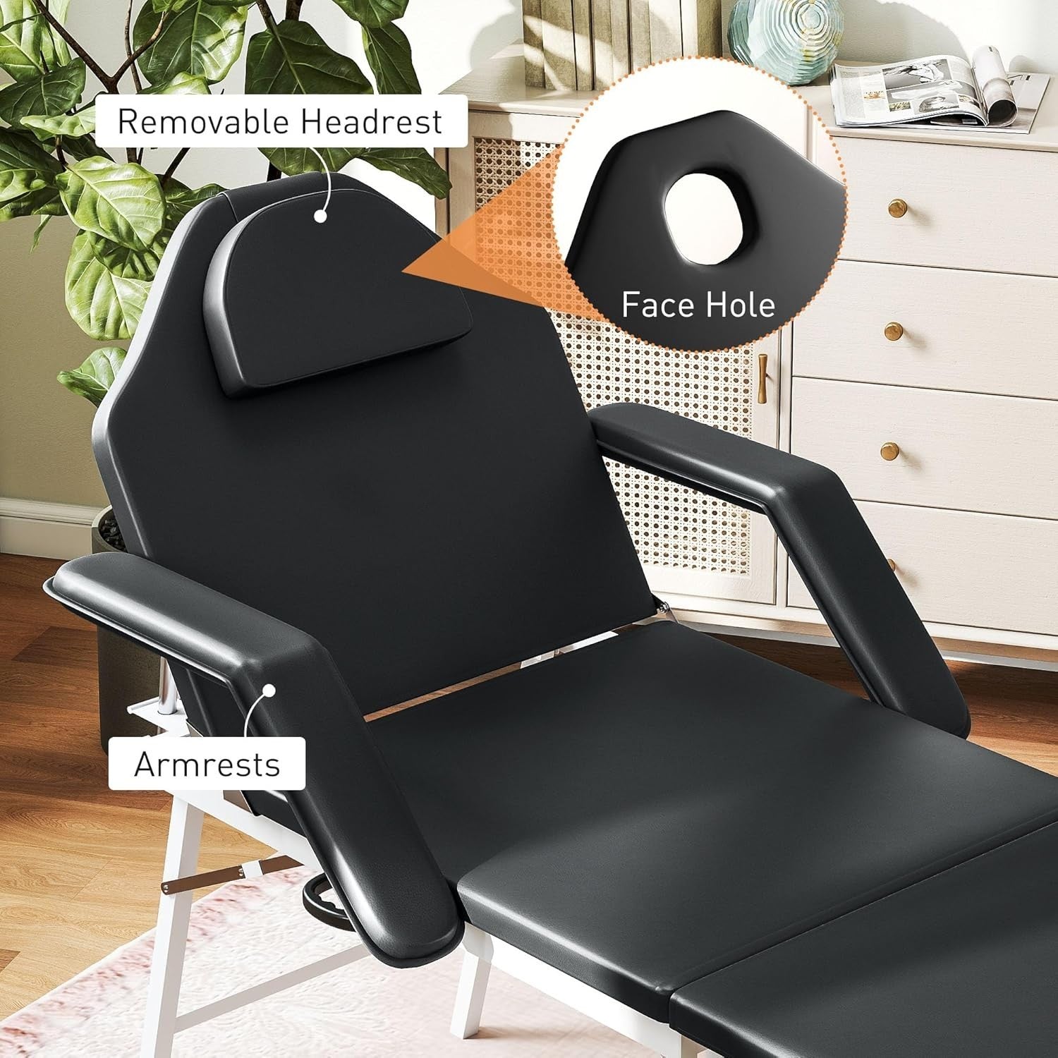Portable 3-Section Massage Table Adjustable Beauty Bed Recliner Face Hole Black