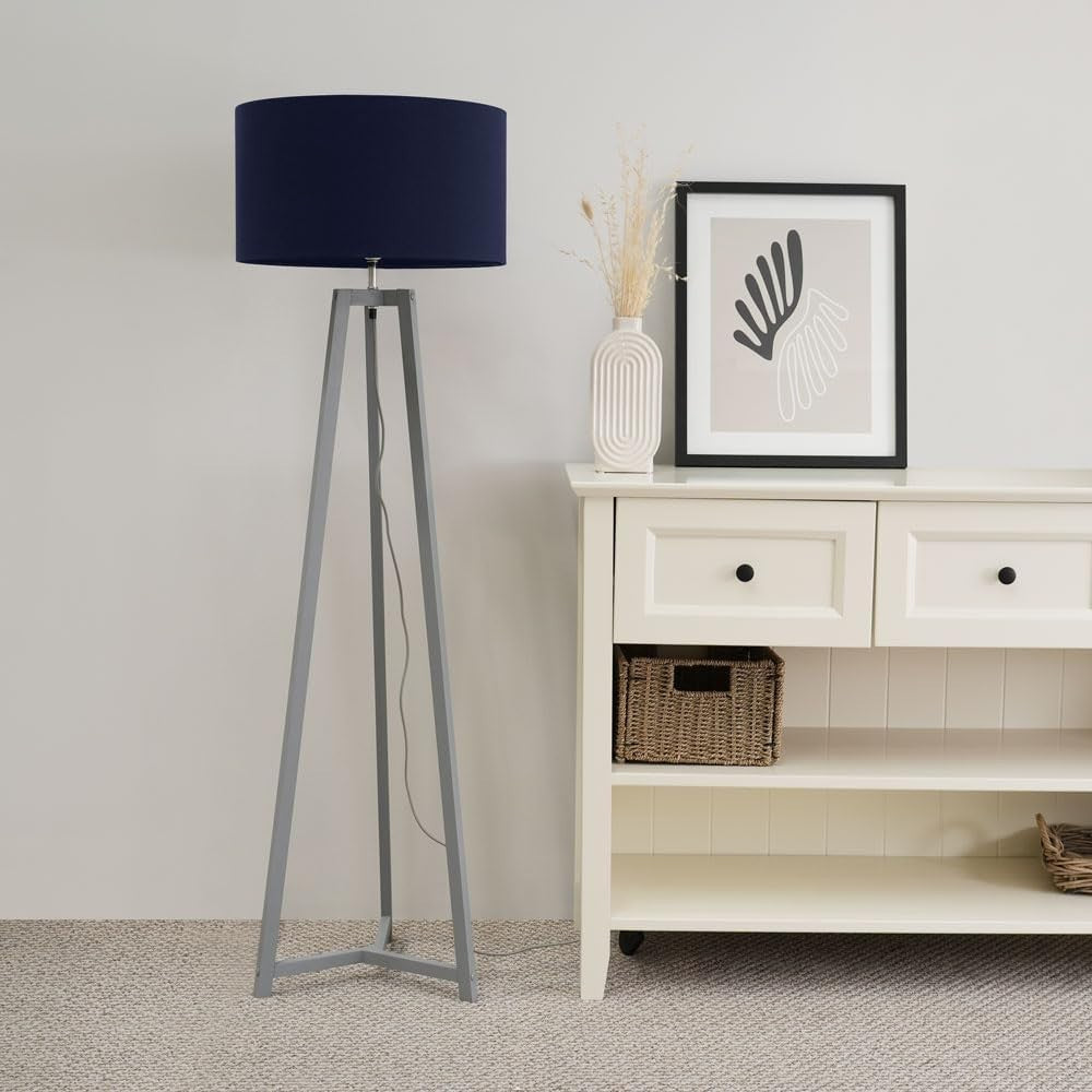 Grey Wooden Tripod Floor Lamp Navy Blue Drum Shade LED Living Room Light