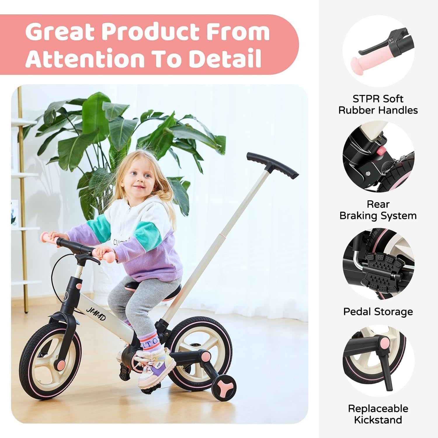 6 in 1 Toddler Bike Balance Pedal Bike Training Wheels Push Handle Pink