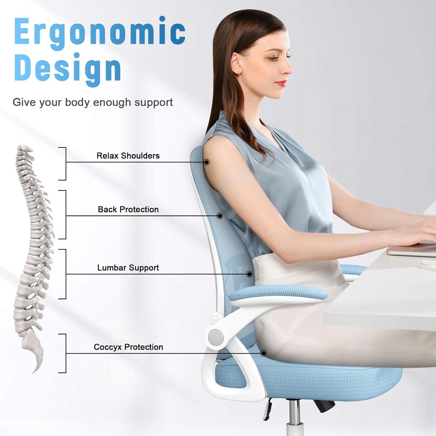 Ergonomic Office Chair Mesh Back Flip-Up Arms Adjustable Swivel Home Desk Seat