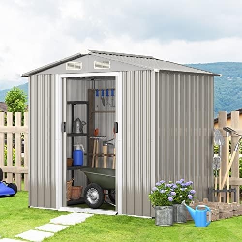 Metal Garden Shed 6x4FT Outdoor Storage with Lockable Sliding Doors & Air Vents