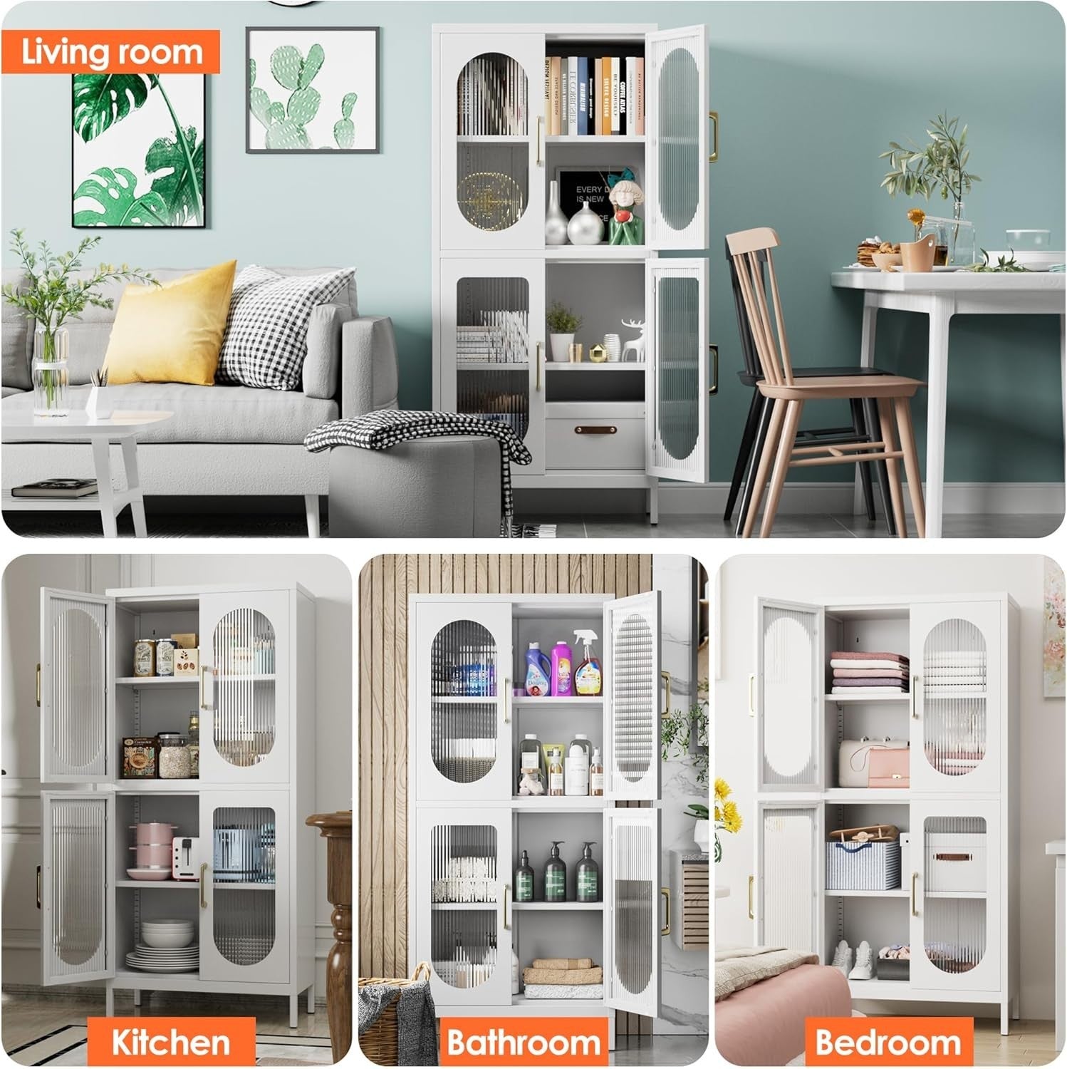 White Metal Office Storage Cabinet 4 Doors Adjustable Shelves 155H
