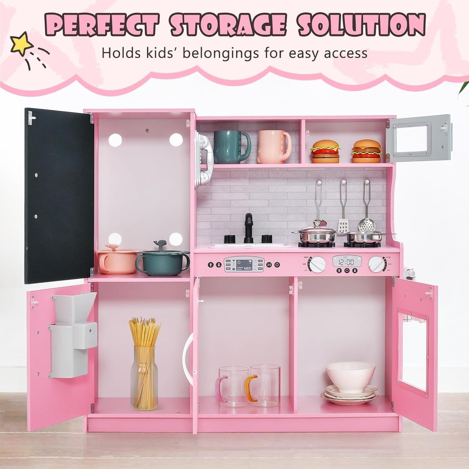 Kids Wooden Play Kitchen Blackboard Microwave Ice Maker Pink Set