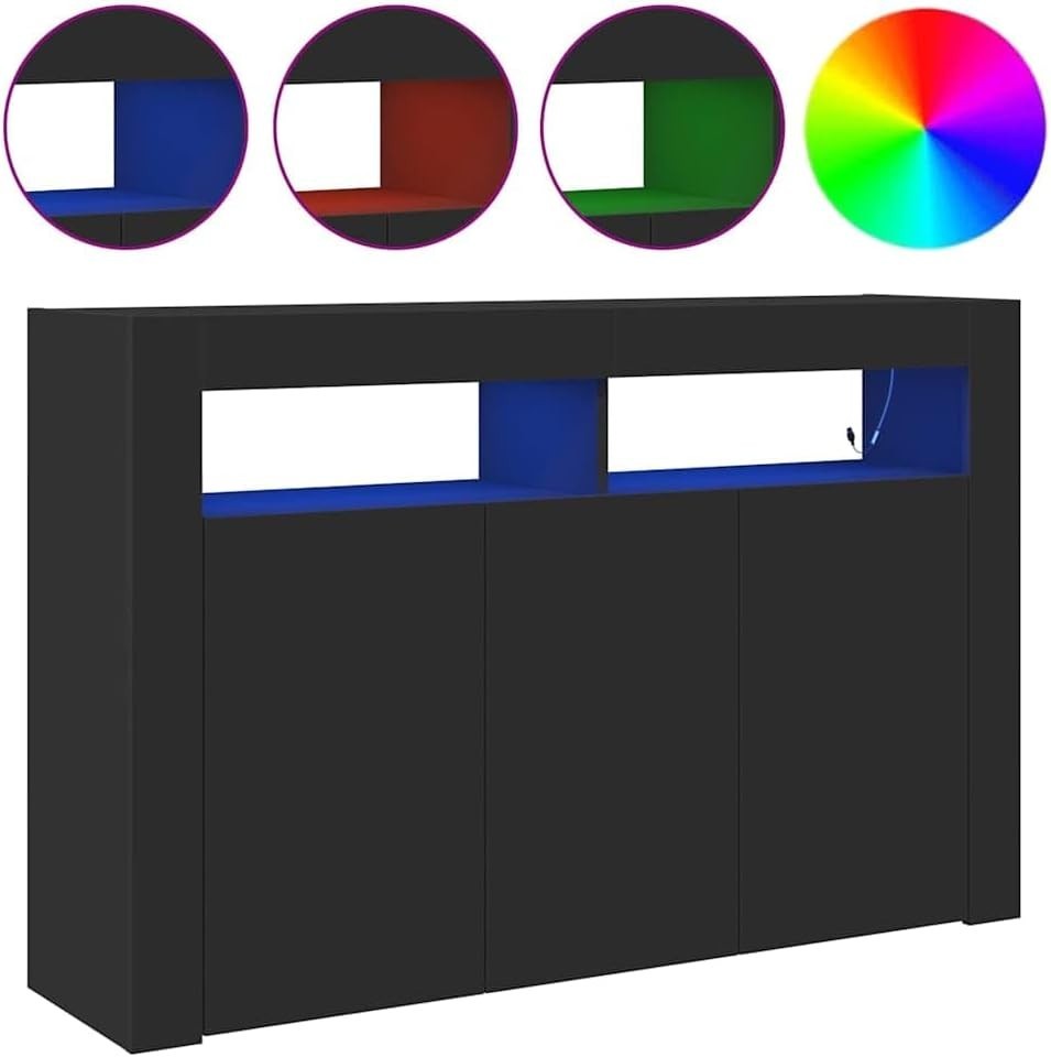 Modern Black LED Illuminated Sideboard Storage Cabinet 3 Doors Dining Room