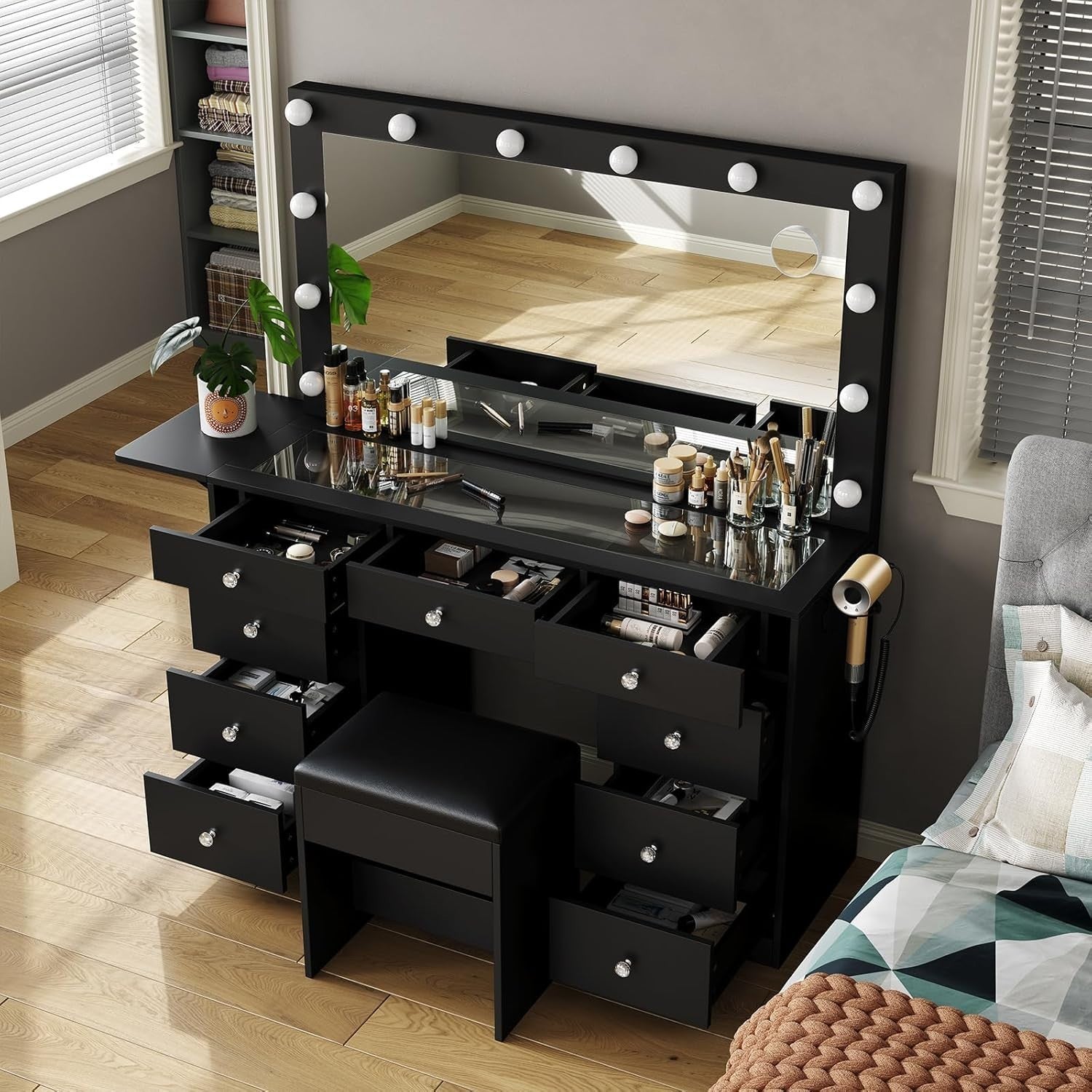 Black Makeup Vanity Desk Set, Hollywood Mirror, 9 Drawers, Lighted Dressing Tabl