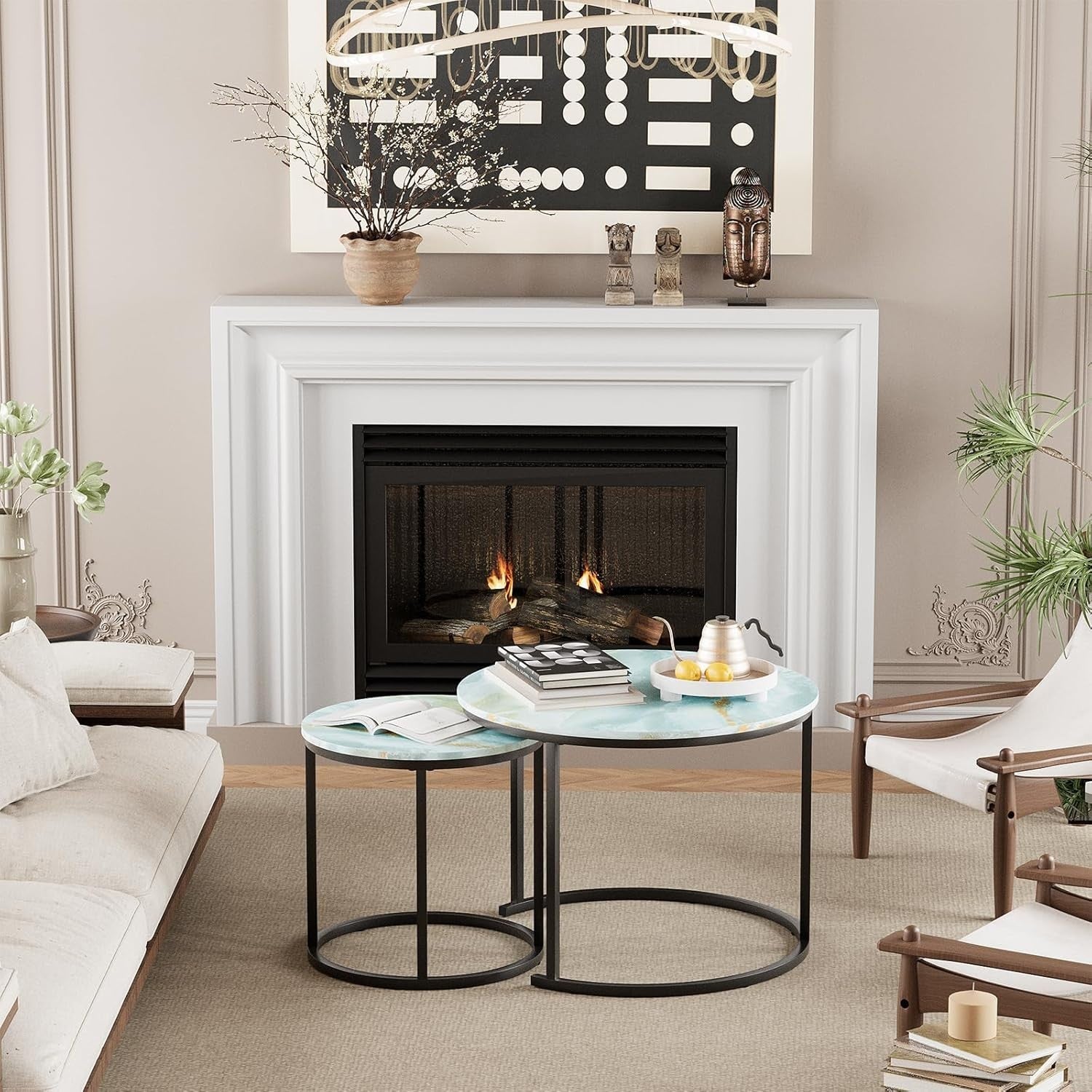 2-Piece Nesting Coffee Table Set, Blue Round Metal & MDF Living Room End Side Ta
