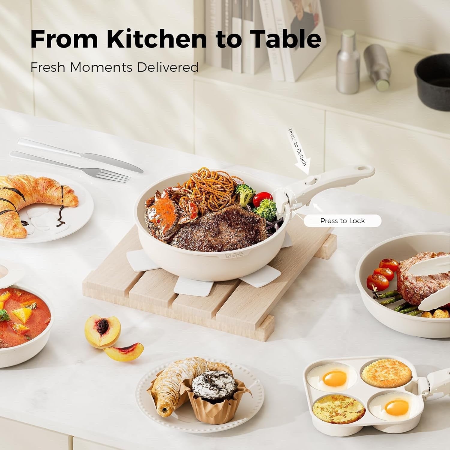 20Pcs White Granite Non-Stick Cookware Set with Removable Handles & Glass Lids