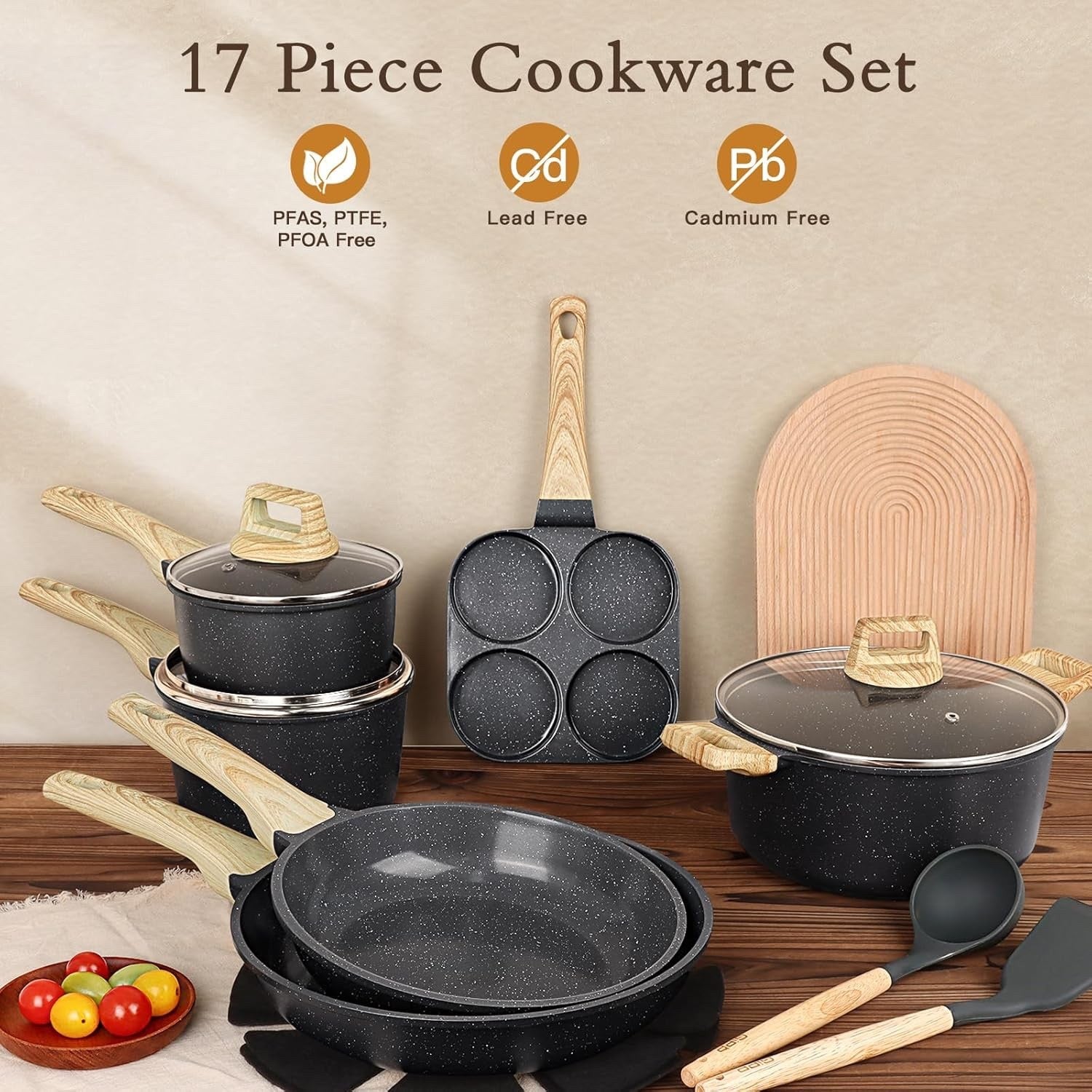 17Pcs Dark Grey Ceramic Non-Stick Cookware Set with Lids & Utensils, PFAS-Free