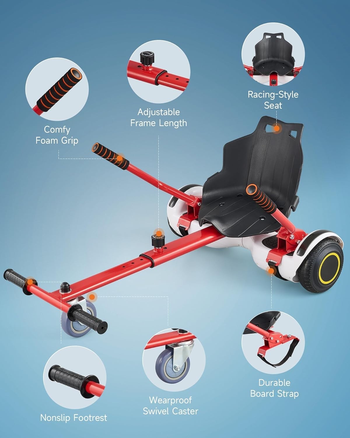 Hoverkart Attachment Seat for 6.5 8 10 Inch Hoverboard Red Adjustable