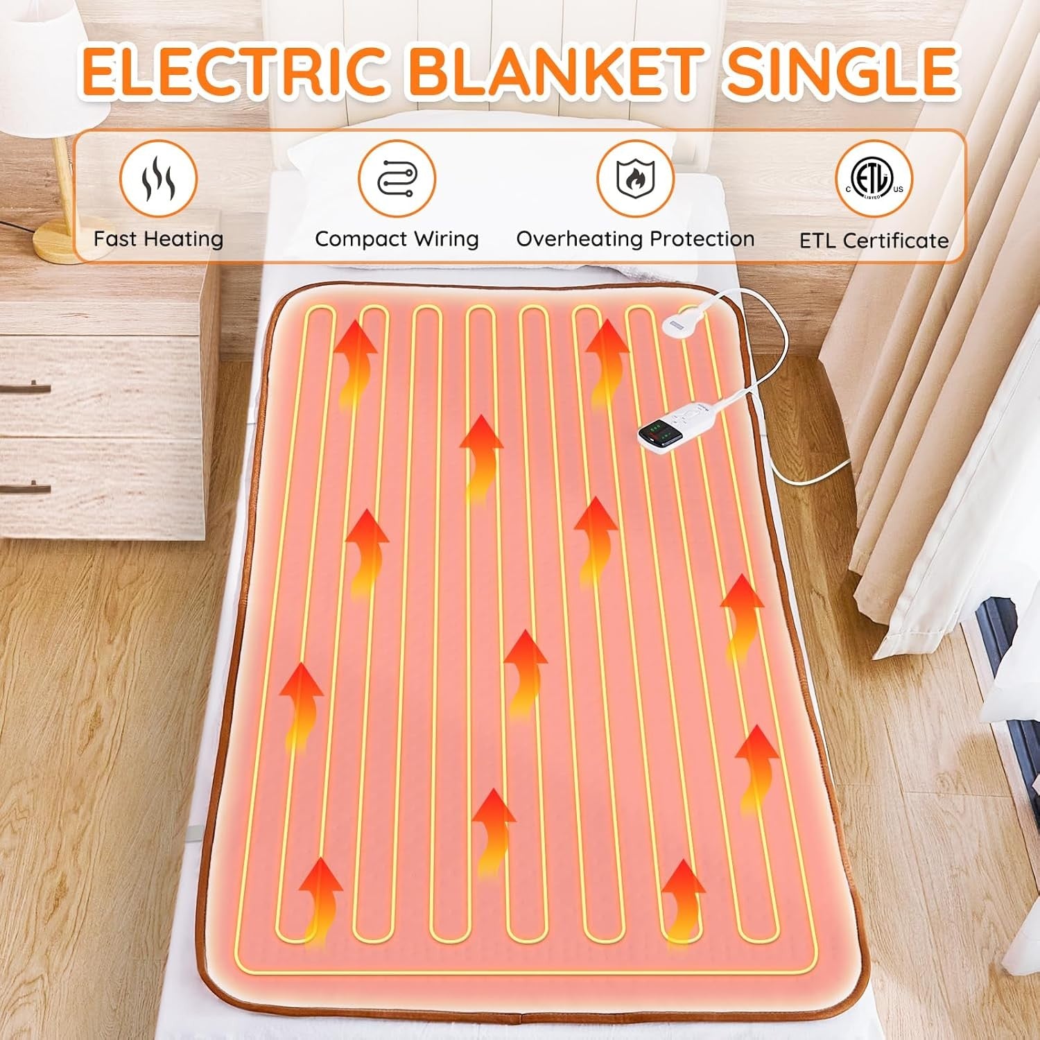 Single Electric Underblanket Fast Heat 12hr Timer Washable Mattress Warmer