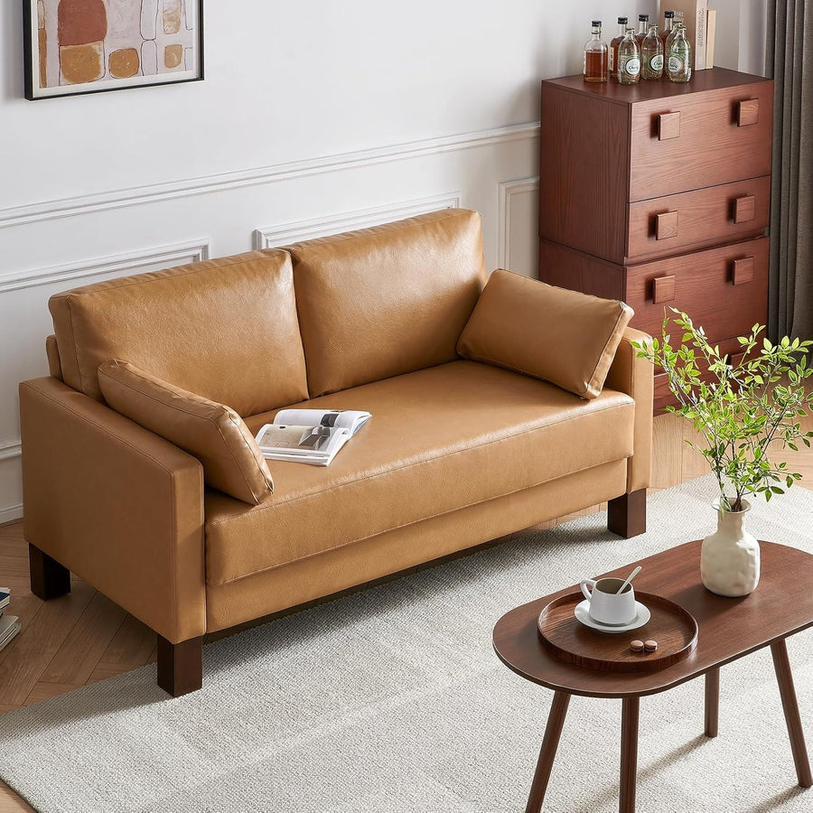 Leather Loveseat Sofa 2-3 Seater Leather Tan Modern Couch for Lounge or Office