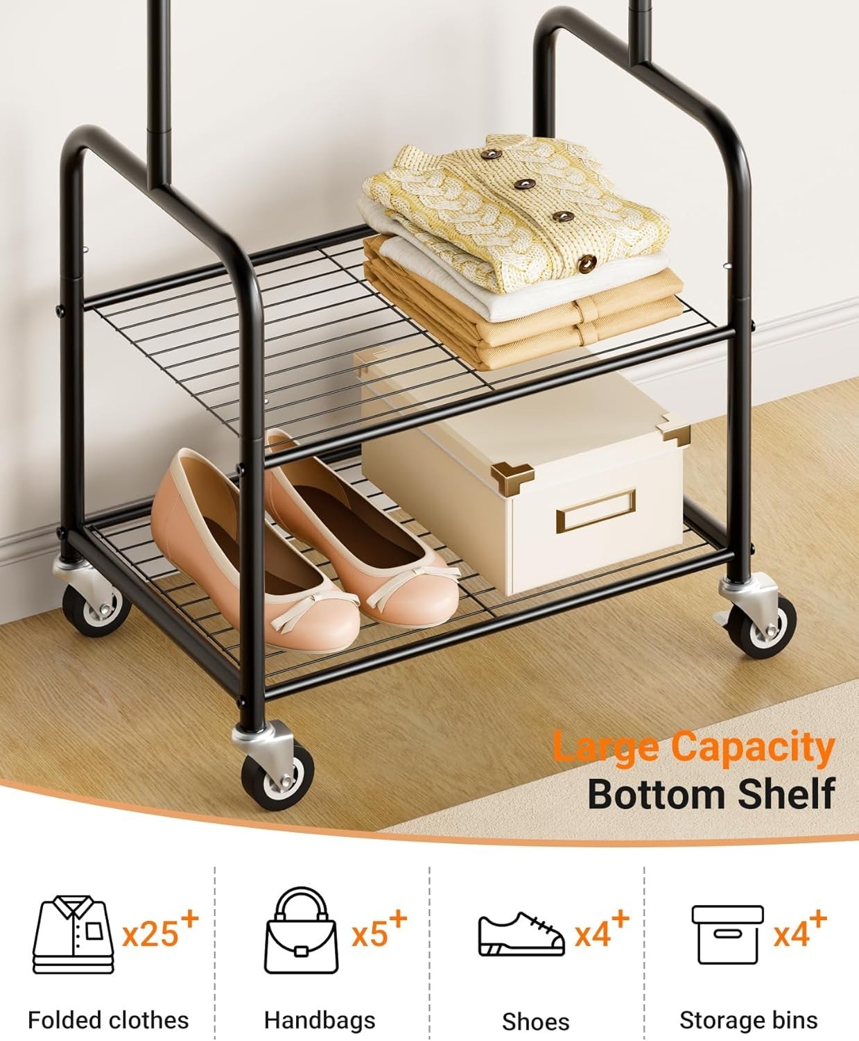 Small Clothes Rack with Shelves Rolling Metal Garment Rail Black