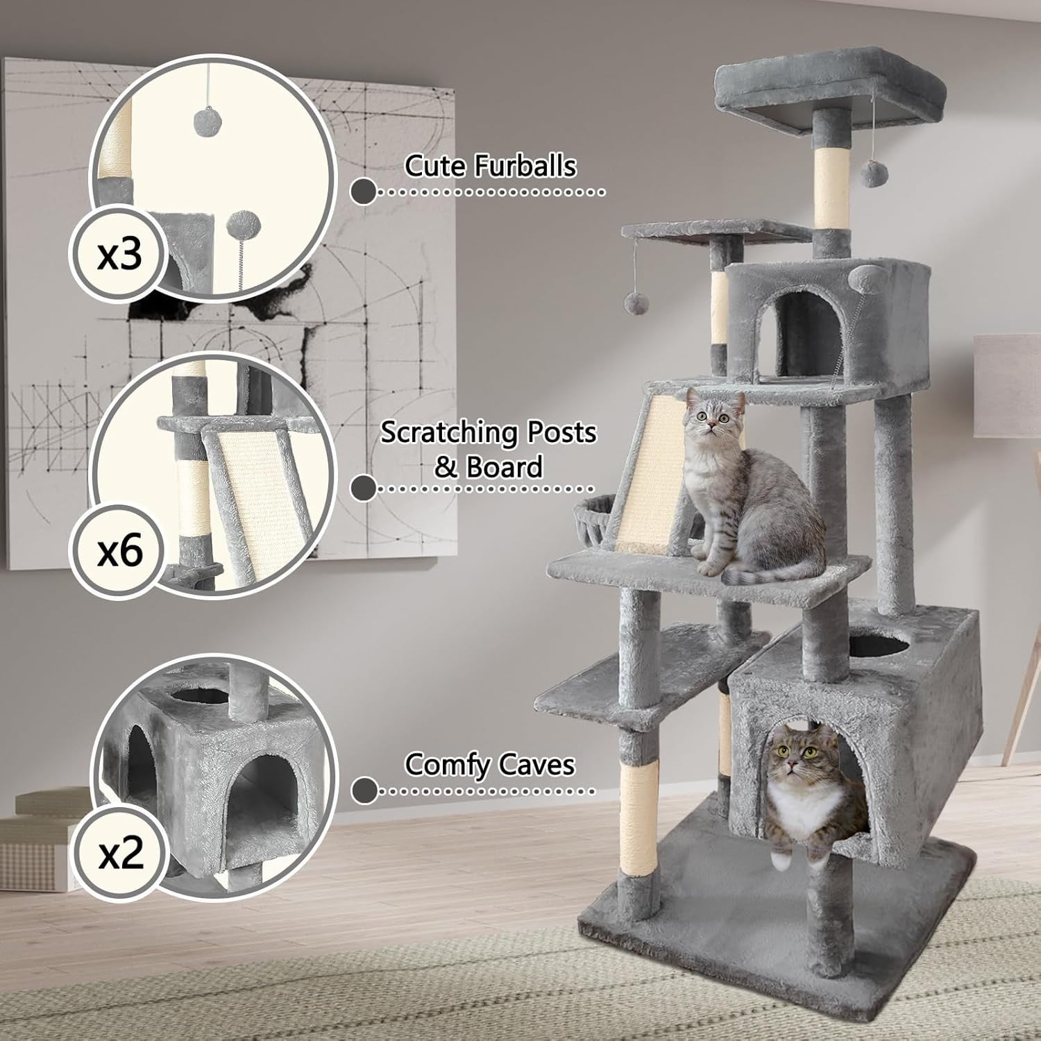 Large Cat Tree Tower 177cm Multi Level Condo Hammock Scratching Posts