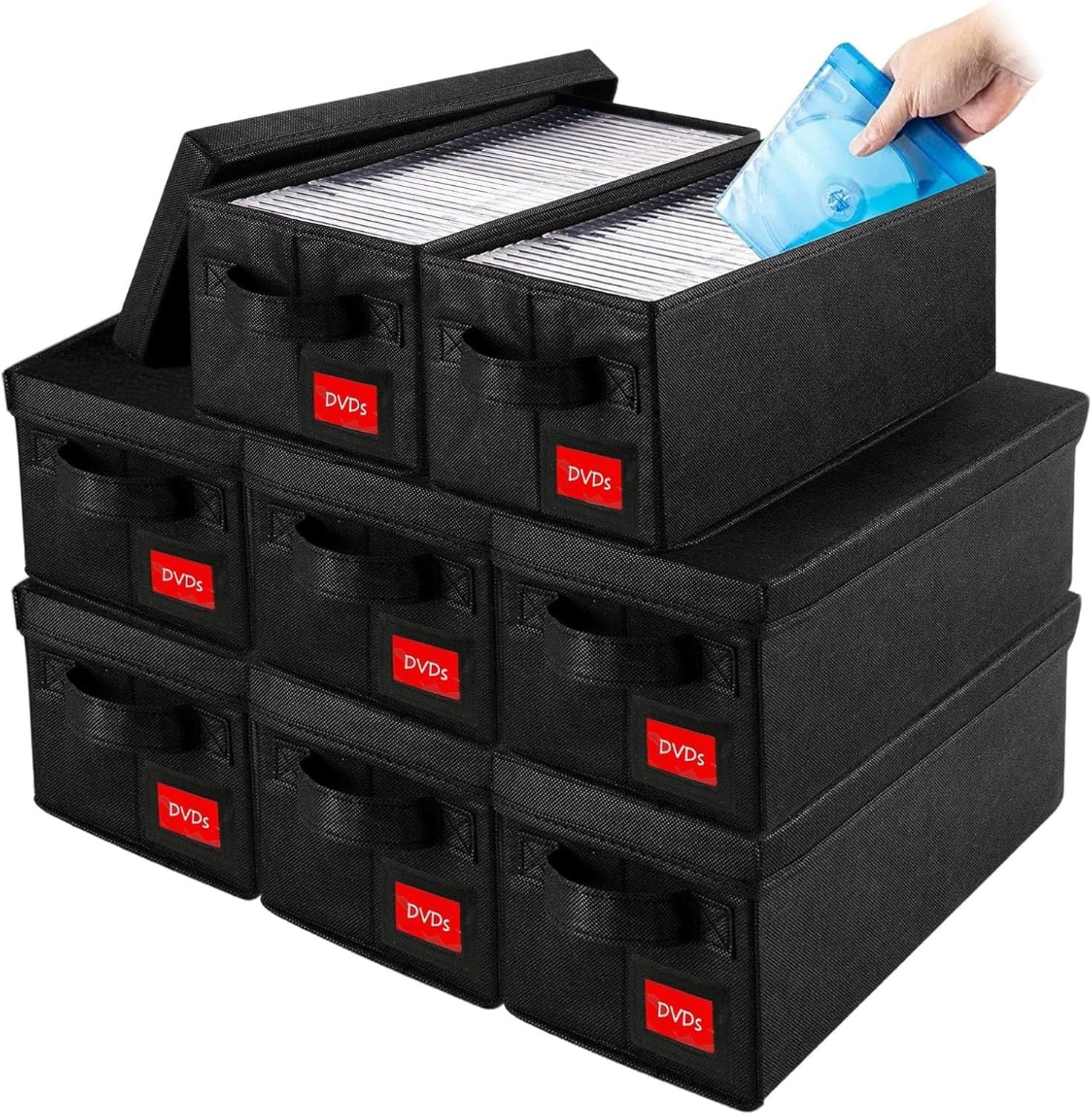 8 Pack DVD Storage Boxes with Lids Stackable Organizer Holds 400 DVDs