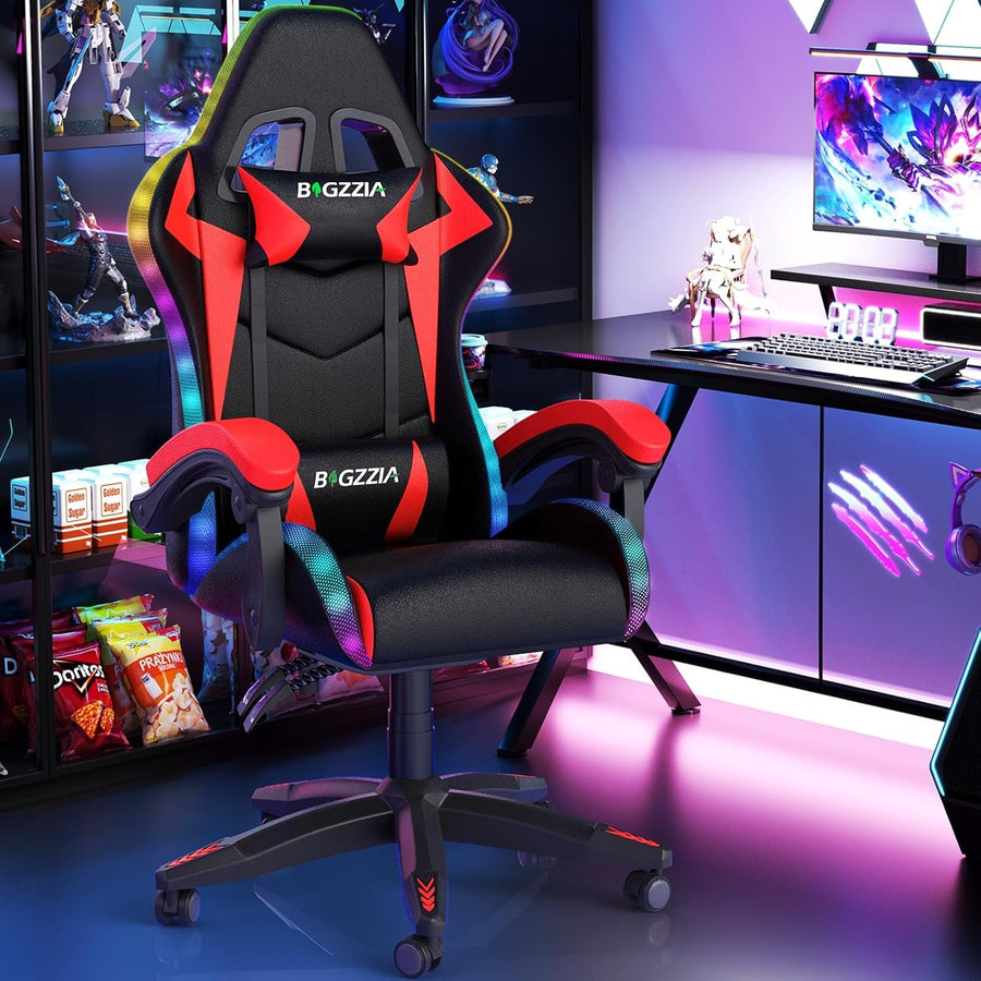 RGB Gaming Chair LED Lights Reclining PU Leather Red Black