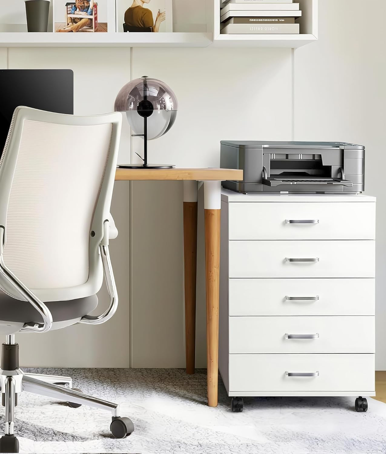 White Mobile Filing Cabinet 5 Drawer 75cm Rolling Office Storage