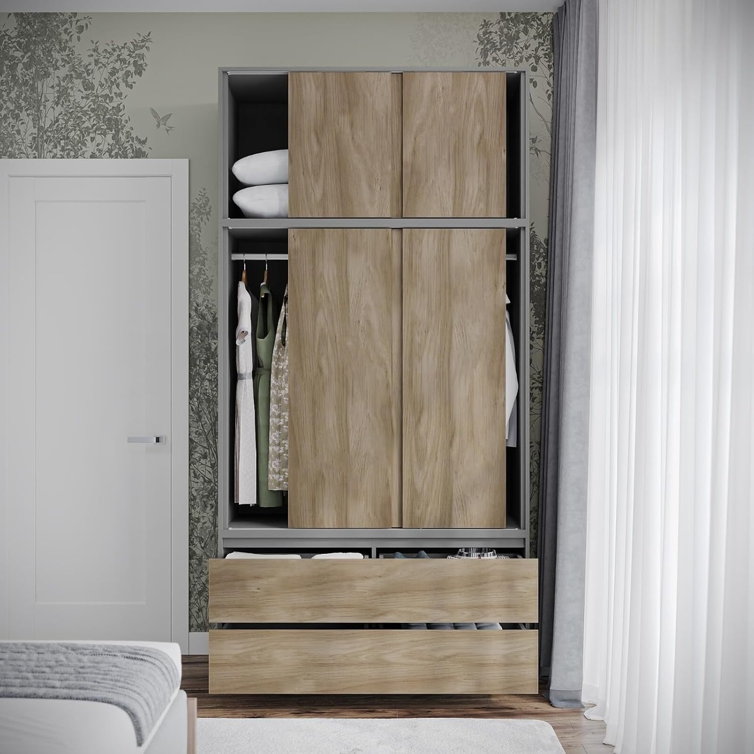 Oak Sliding Wardrobe 240cm 6 Doors 4 Drawers Bedroom Closet Storage Unit