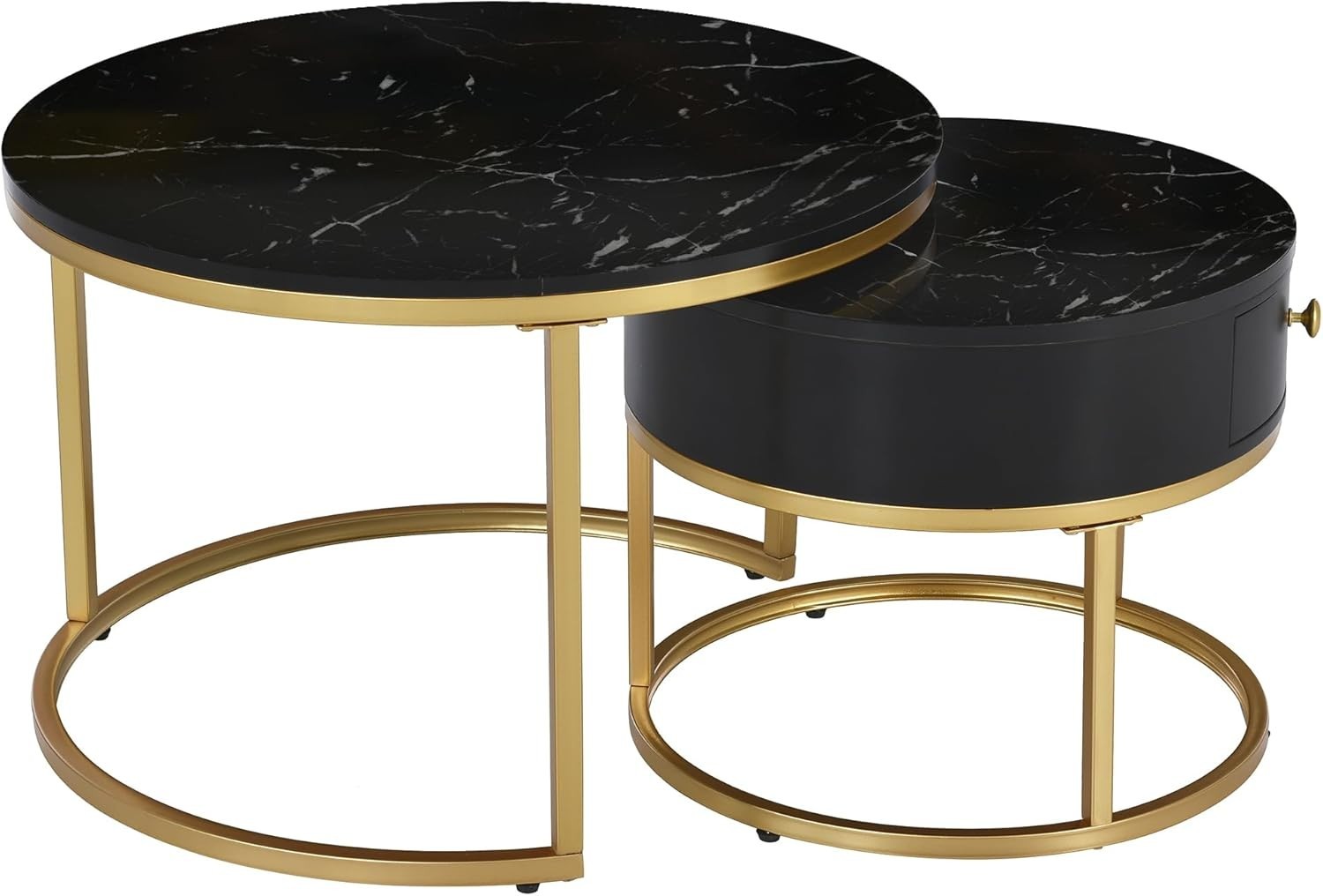 Nest Coffee Table Set 2pc Modern Round Black Marble Metal Adjustable Storage