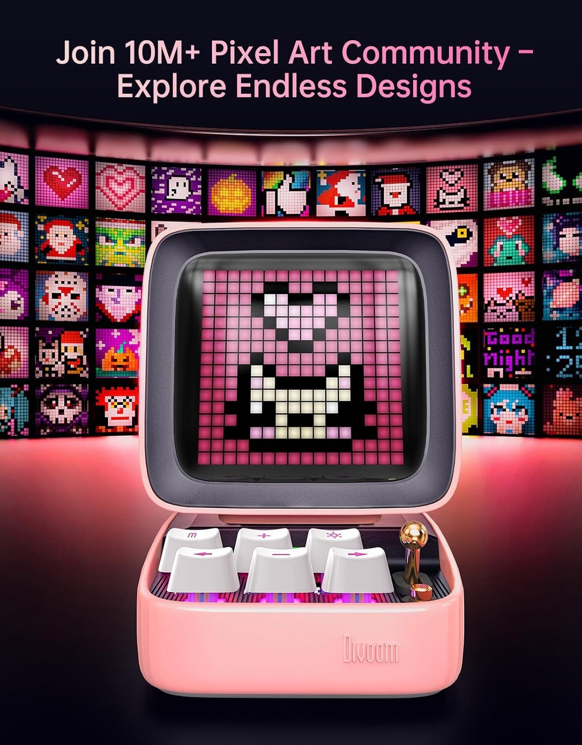 Retro Pixel Art Bluetooth Speaker RGB Display Alarm Clock Pink Desktop