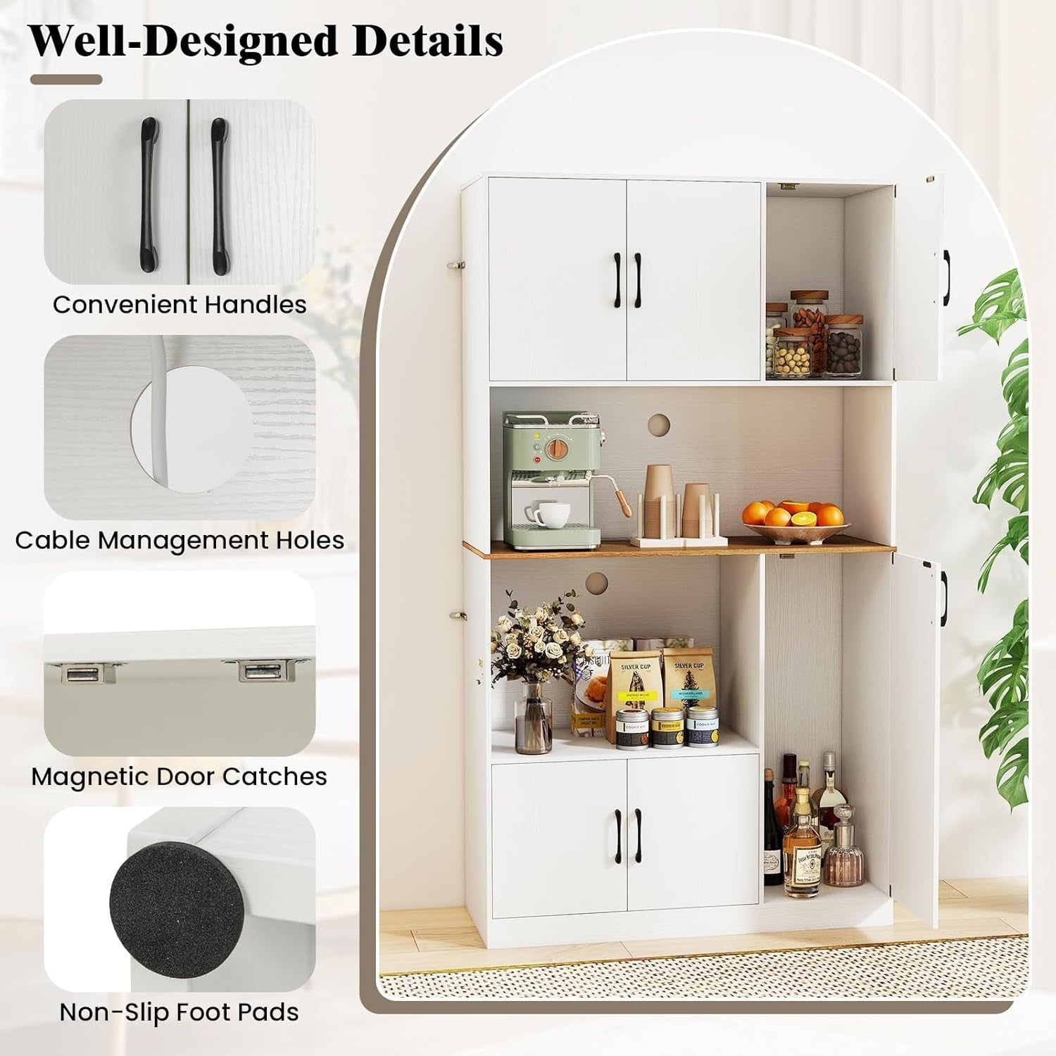 180cm Tall Kitchen Storage Cabinet 6-Door Pantry White | Built-in Outlet