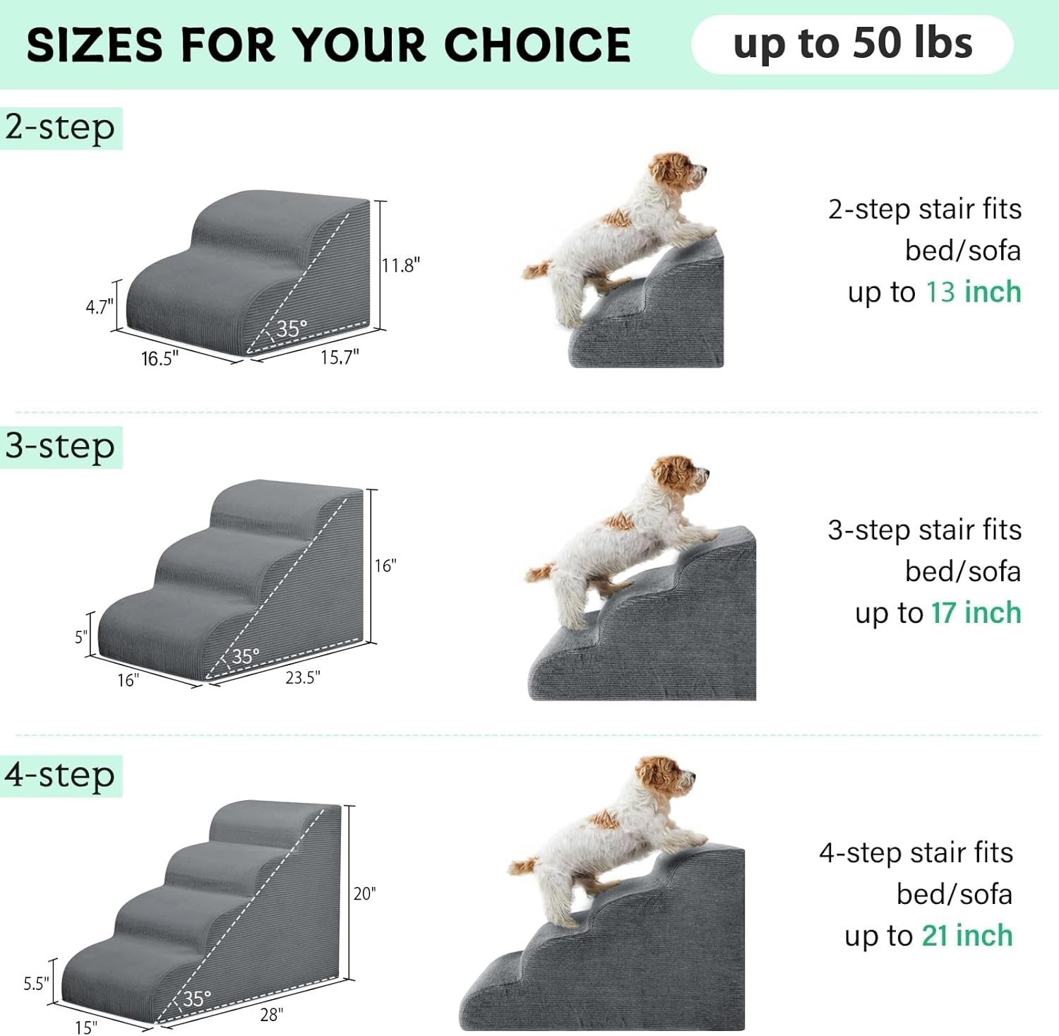 3-Step Dog Stairs Ramp High-Density Foam Pet Steps H:16"