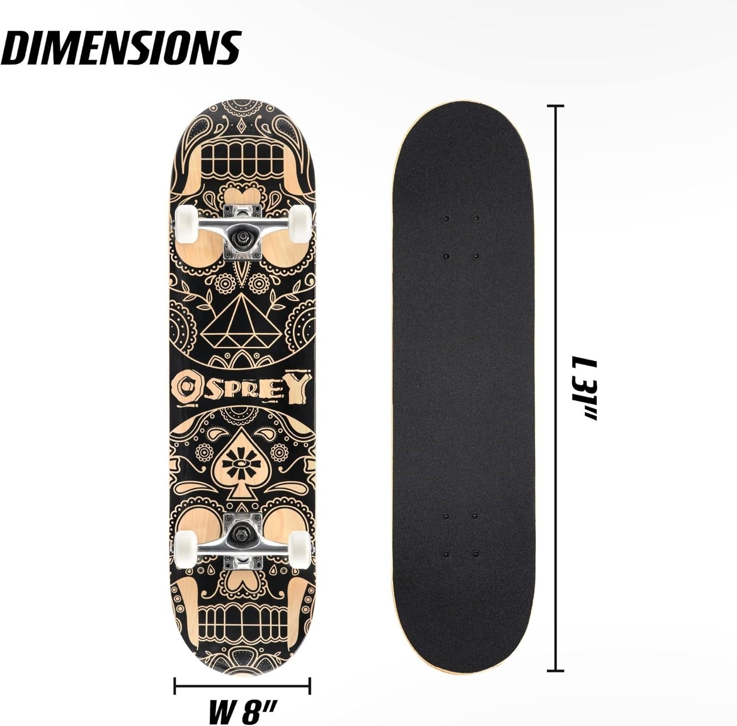 31" Double Kick Skateboard Candy Skull Trick Board ABEC7 Maple Deck PU Wheels