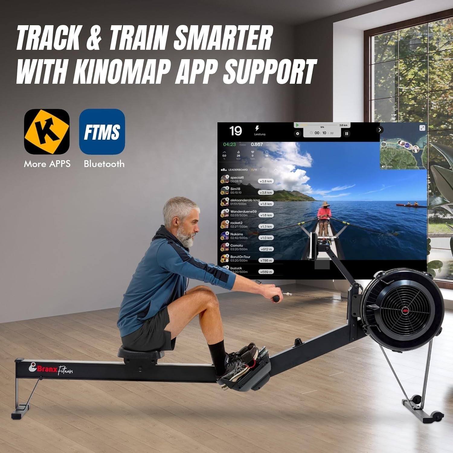 Air Rowing Machine 10-Level Resistance Bluetooth LCD Foldable Home Rower 150KG