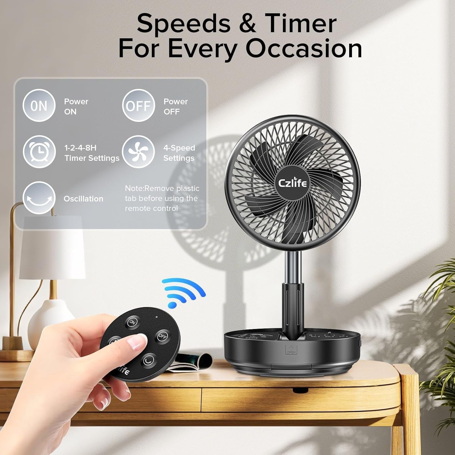 Portable Fan 10000mAh Rechargeable – Folding Desk Fan w/ Remote Black Cordless