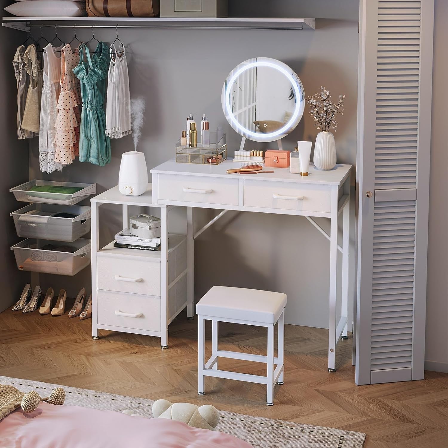 Vanity Makeup Dressing Table Set with LED Mirror Stool Storage White Modern