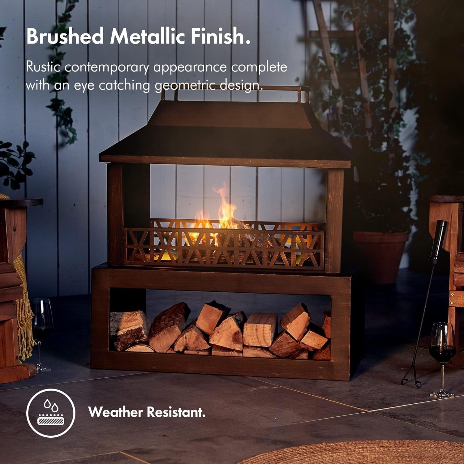 Outdoor Metal Fire Pit Fireplace with Wood Storage & Poker for Garden Patio