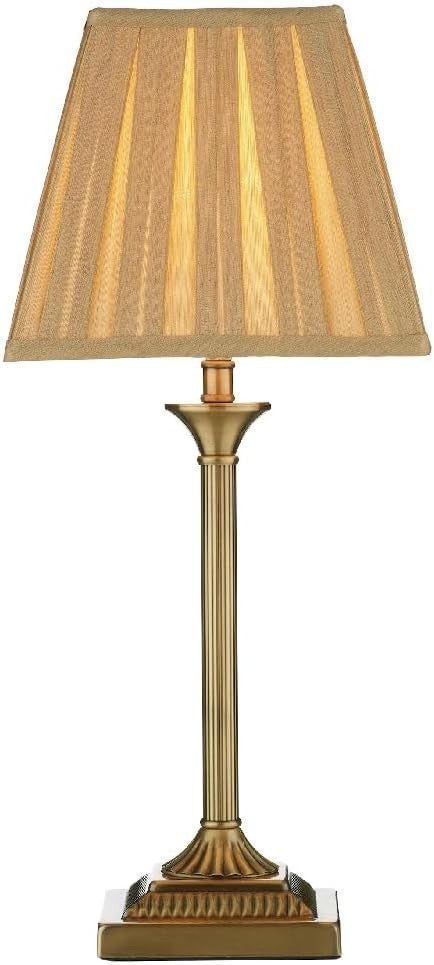 Antique Brass Candlestick Table Lamp with Gold Silk Shade & Inline Switch