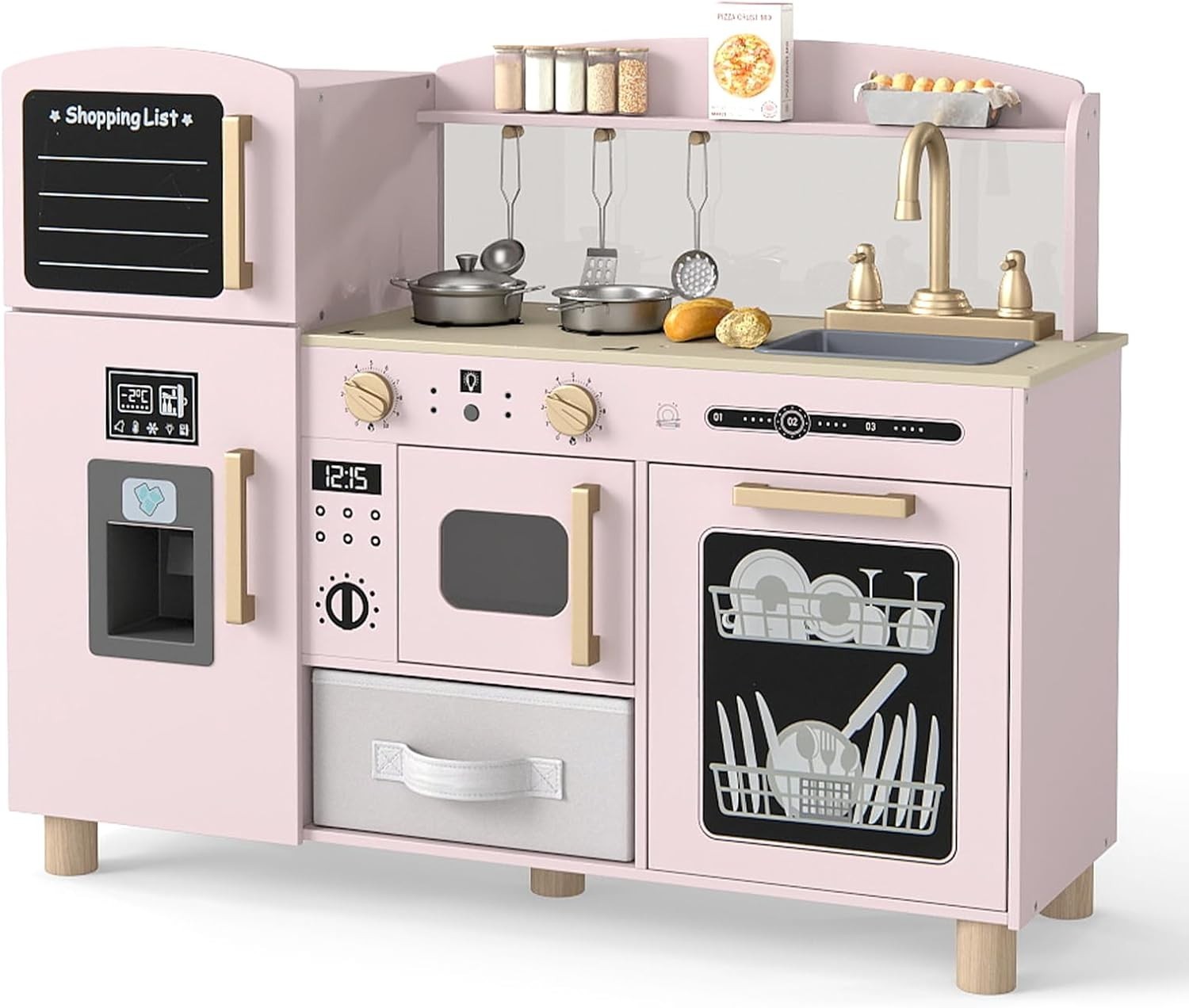 Wooden Kids Play Kitchen Pink w/ Ice Maker Sink Blackboard Toy Set