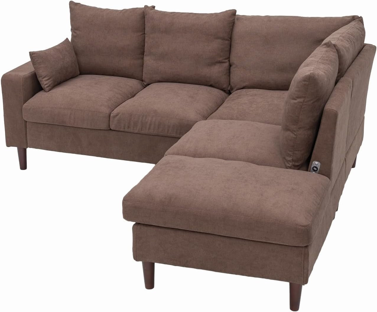 5 Seater L Shape Corner Sofa w/ Chaise & USB Charging | Brown Linen