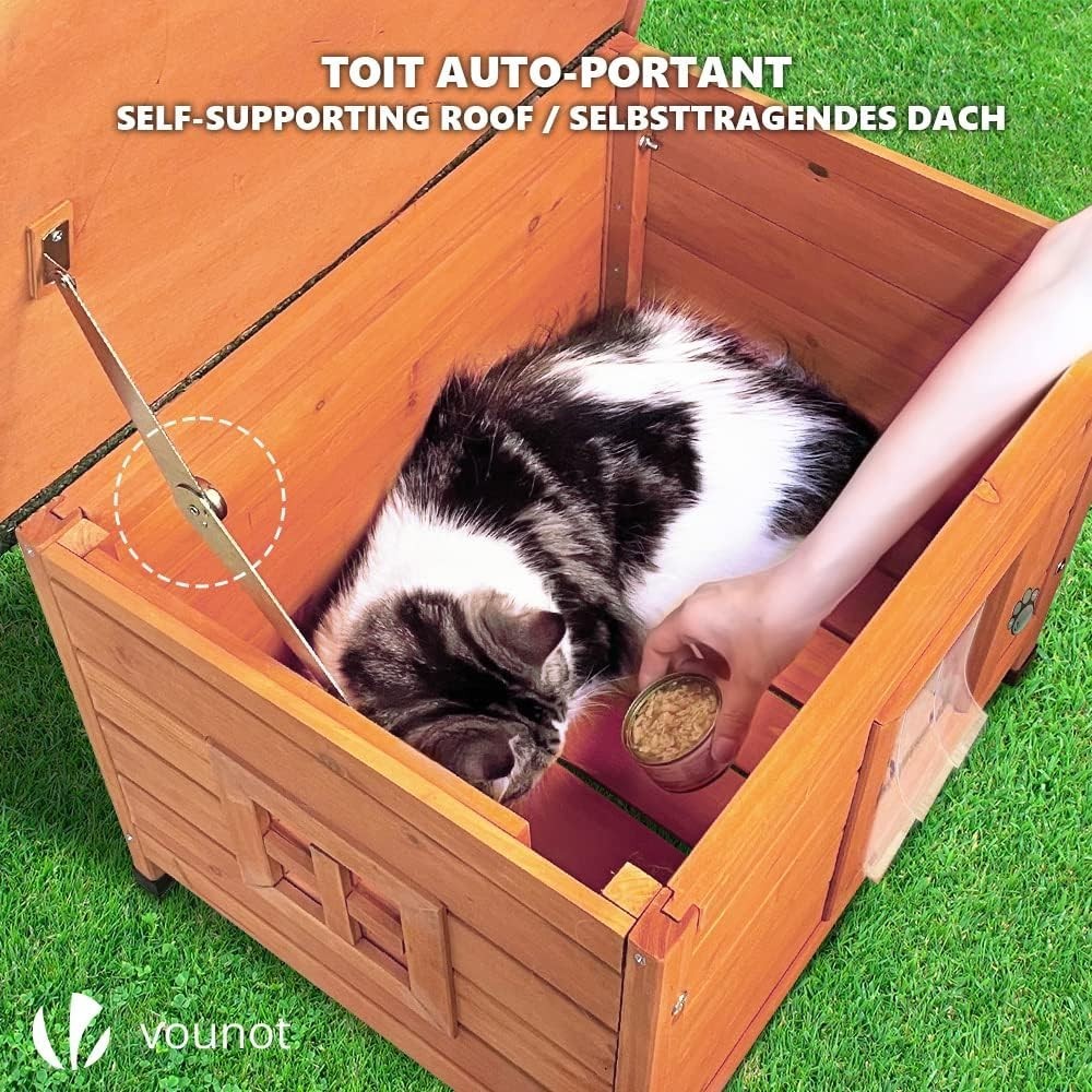 Outdoor Wooden Cat House Shelter with Window Raised Floor 57x45x43cm