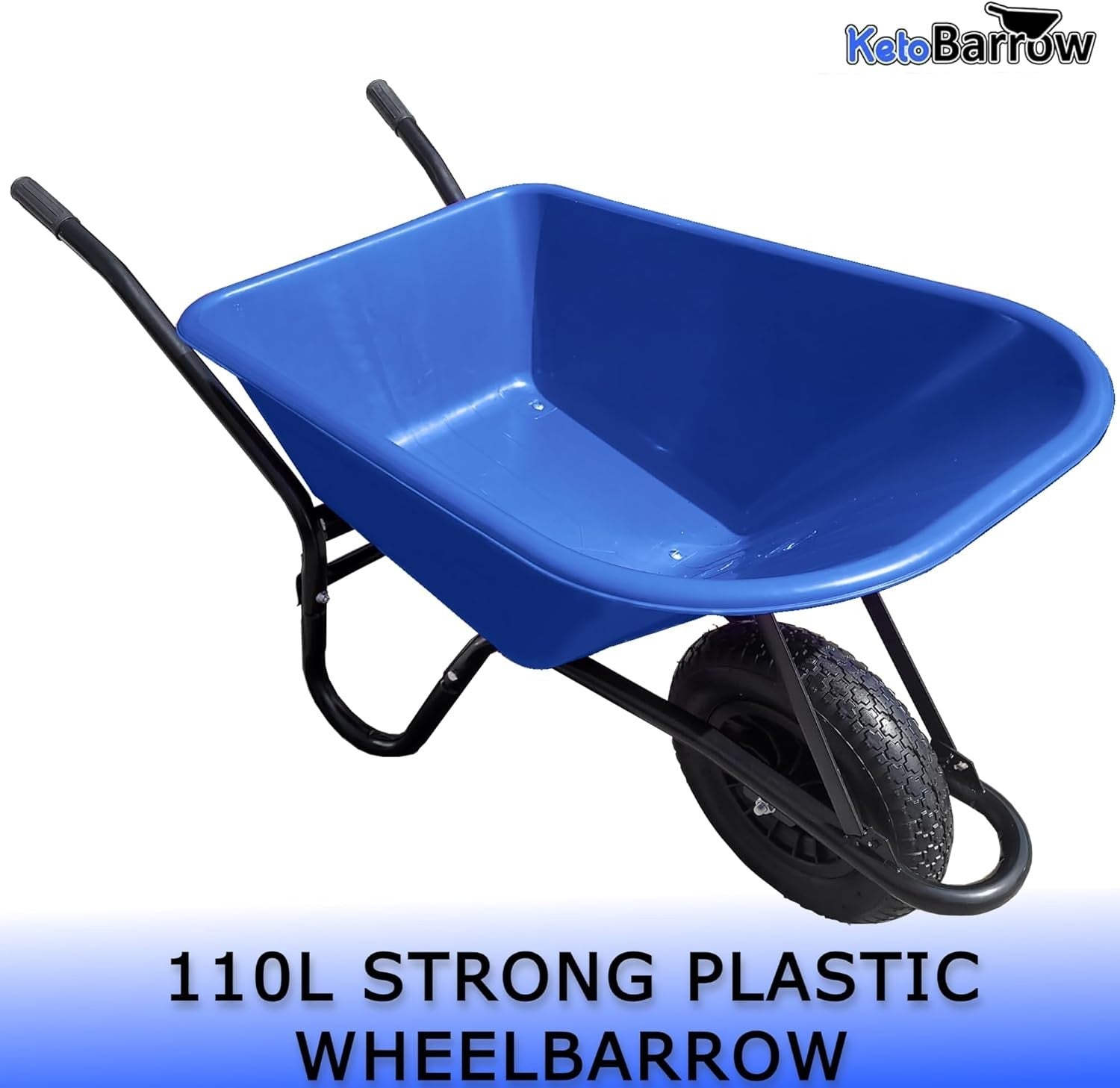 110L - Pneumatic Tyre Wheelbarrow - Blue - Plastic Tray, Steel Frame, 150kg Cap