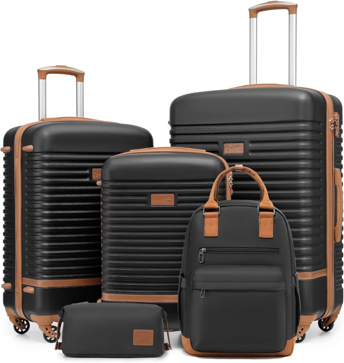 5PC Black Brown Luggage Set Hard Shell TSA Lock 360 Spinner + Backpack