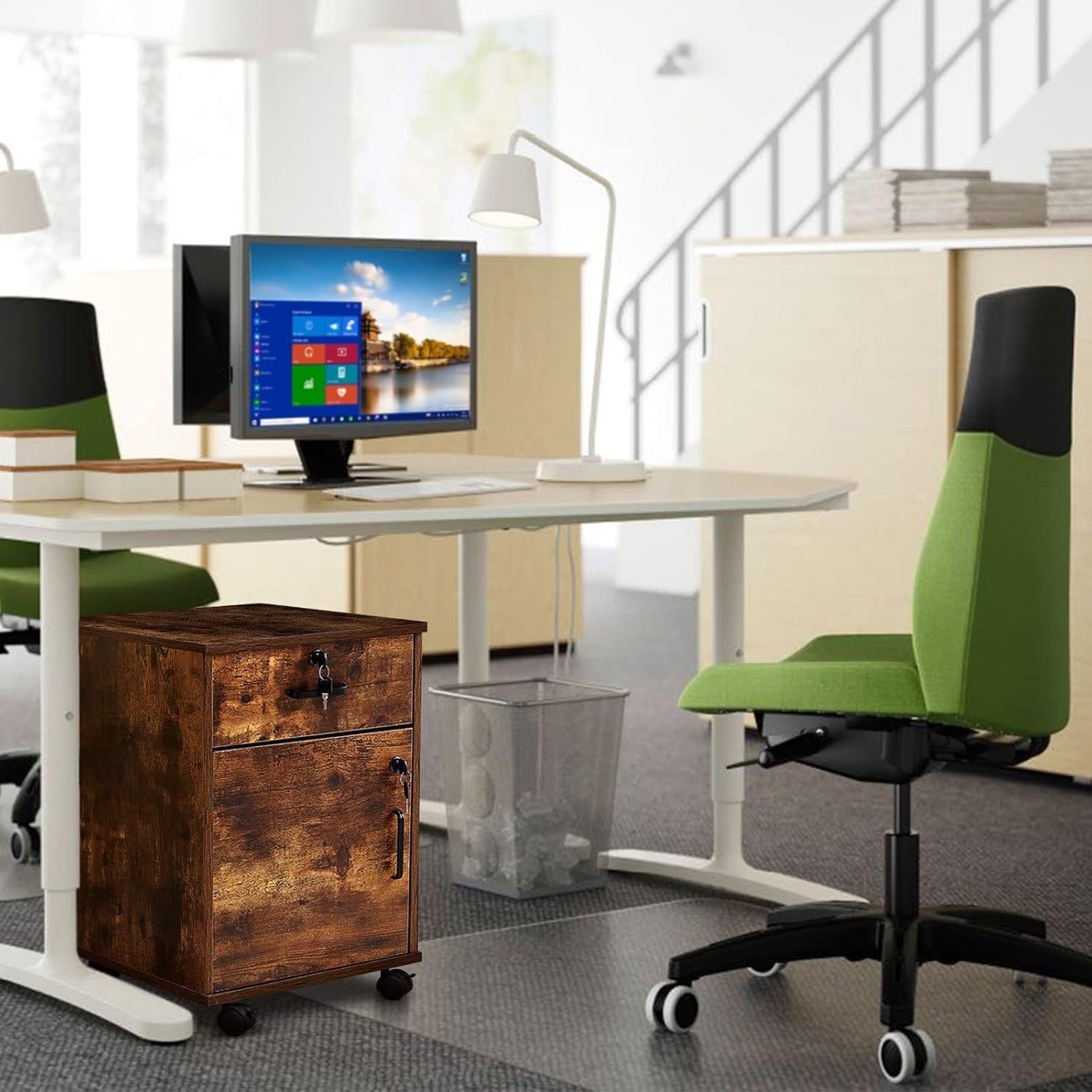 Rustic Brown Mobile File Cabinet Set 40cm Lockable Under Desk
