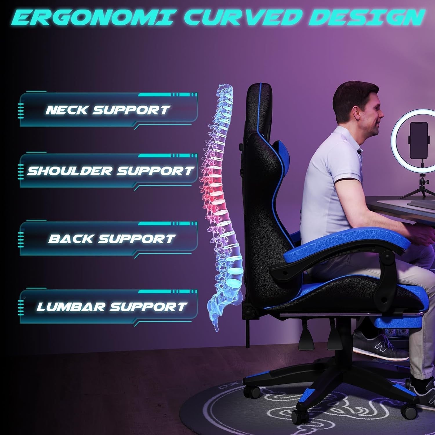 Ergonomic PU Leather Gaming Chair Reclining Office Desk Swivel w/ Lumbar