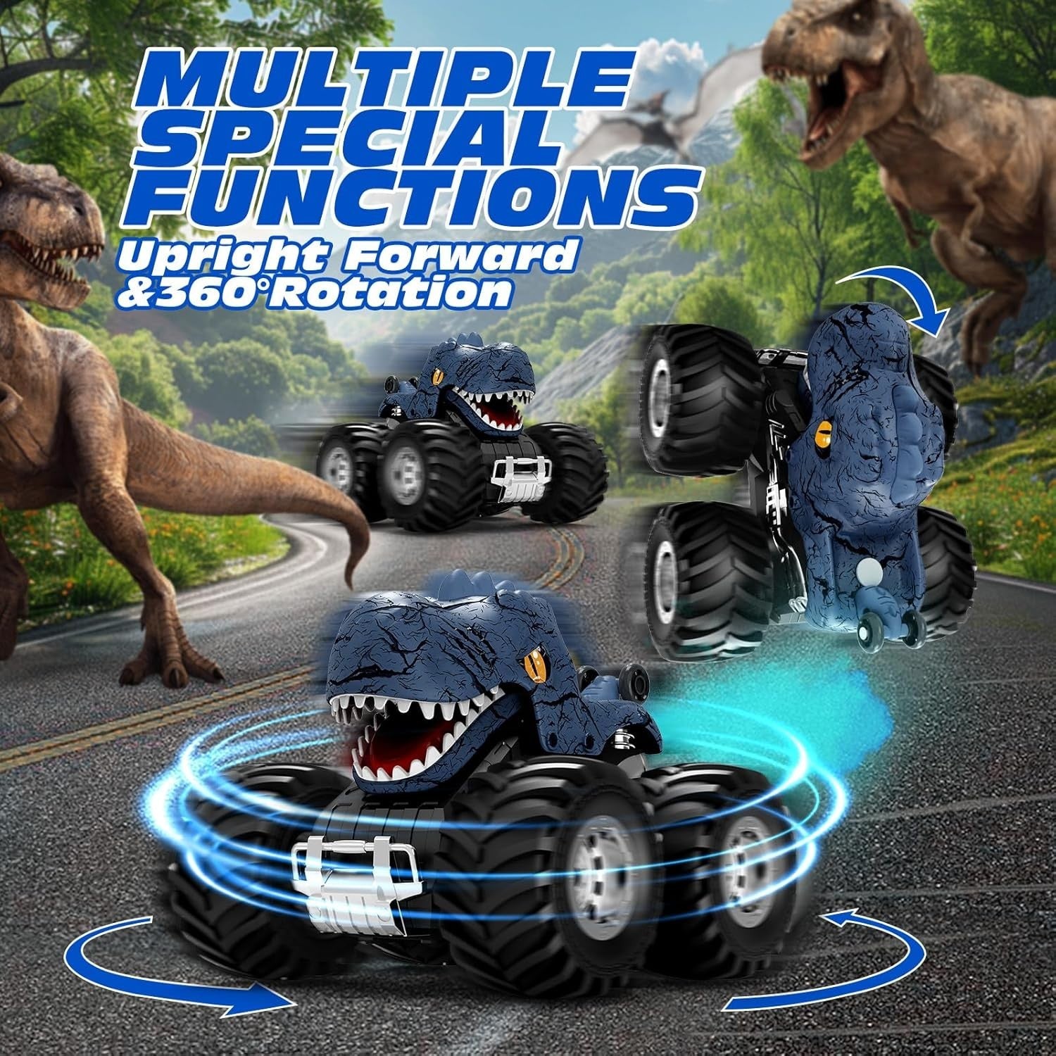 RC Dinosaur Car 360° Spin w/ Spray Lights Sound Kids Remote Control Toy 2.4GHz