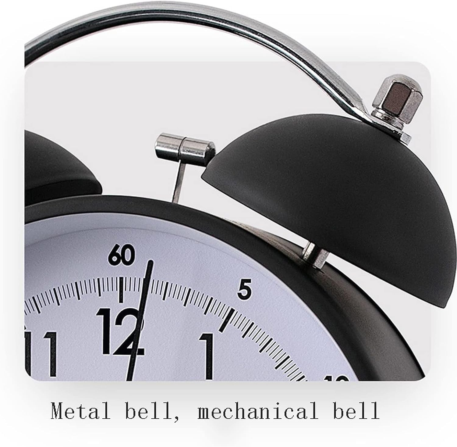 Vintage Twin Bell Alarm Clock Loud Silent Non-Ticking Silver Grey Bedside