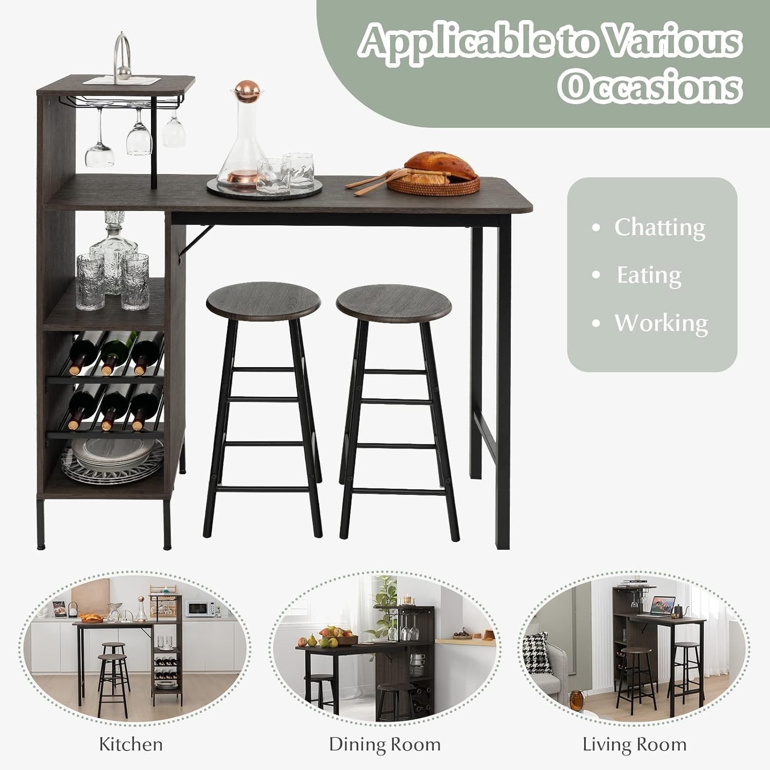 Brown 3-Piece Bar Table Set with Shelves, Wine Rack & 2 Stools, Industrial Dinin