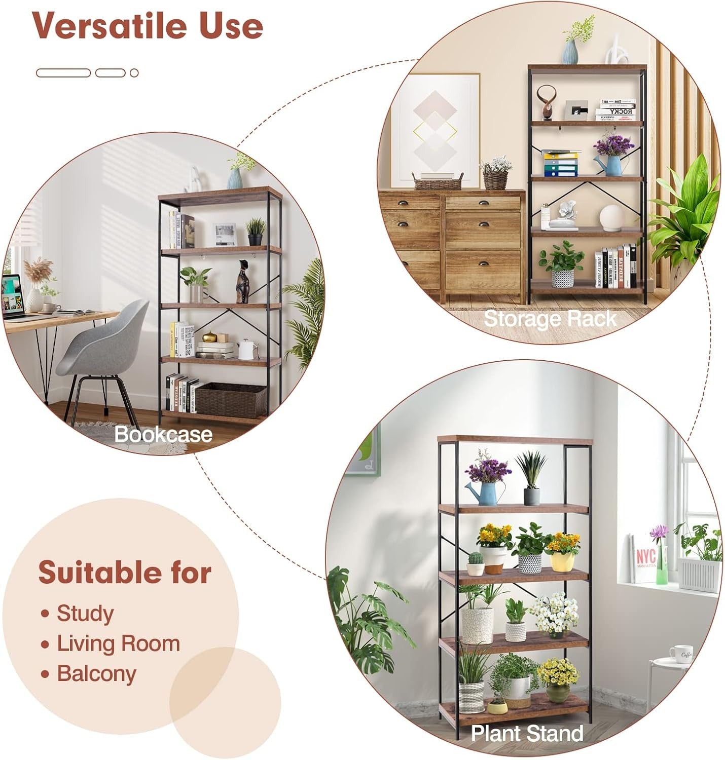 5-Tier Industrial Bookshelf Heavy-Duty Metal Frame Rustic Storage Display Rack