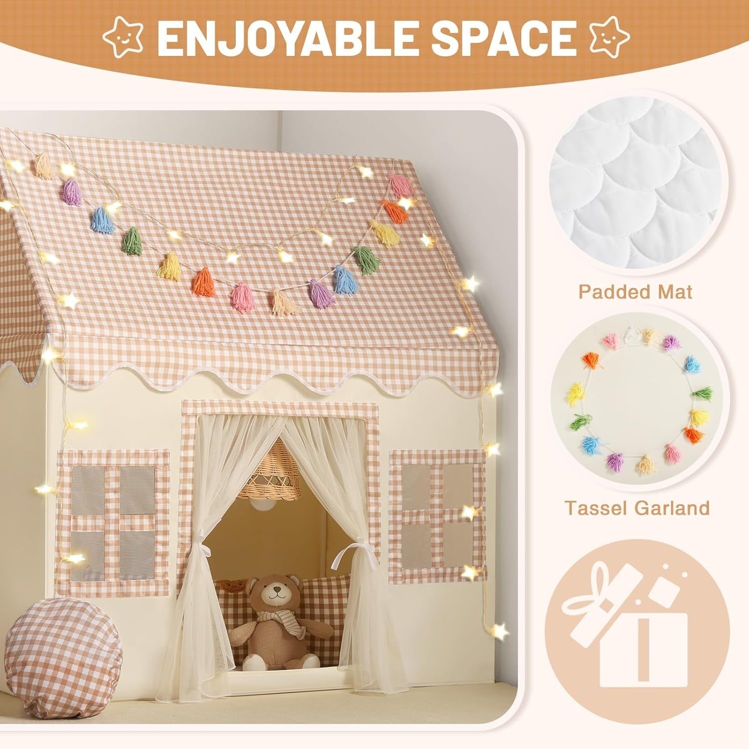 Kids Play Tent with Padded Mat Indoor Fairy Tale Playhouse Brown