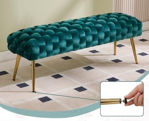 Velvet Ottoman Bench with Gold Metal Legs, Green Upholstered Entryway Seat